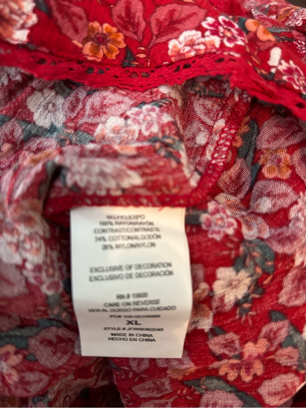 Women's Red Floral Lace Yoke Peasant Blouse - Picture 6 of 14